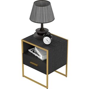 Black Nightstand Set of 2 with 1 Drawer and Open Storage, Black and Gold Modern Night Stands, Wooden Storage Bedside Tables with Metal Frame, Small End Side Table for Bedroom, Living Room