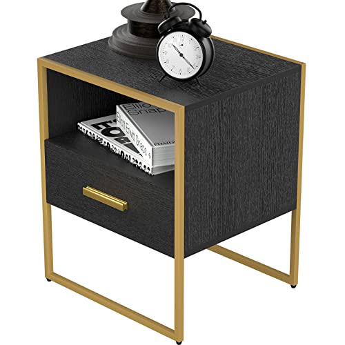 Black Nightstand Set of 2 with 1 Drawer and Open Storage, Black and Gold Modern Night Stands, Wooden Storage Bedside Tables with Metal Frame, Small End Side Table for Bedroom, Living Room