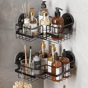 leverloc corner shower caddy suction cup with hooks 2 pack no-drilling rotating removable shower caddy basket, stainless steel shower shelves,rustproof organizer for bathroom storage,black