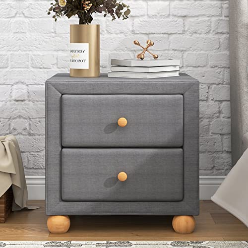 Modern Nightstand with 2 Drawers, Upholstered Night Stands with Storage Drawers, Wooden Bedside Tables with Natural Wood Knobs, Small End Side Table for Bedroom, Living Room, Home, Dark Grey