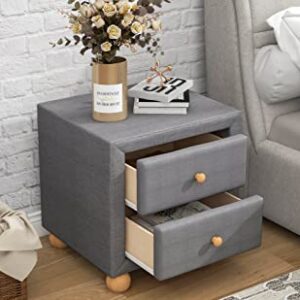 Modern Nightstand with 2 Drawers, Upholstered Night Stands with Storage Drawers, Wooden Bedside Tables with Natural Wood Knobs, Small End Side Table for Bedroom, Living Room, Home, Dark Grey