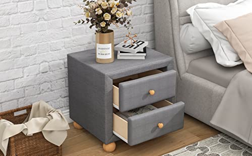 Modern Nightstand with 2 Drawers, Upholstered Night Stands with Storage Drawers, Wooden Bedside Tables with Natural Wood Knobs, Small End Side Table for Bedroom, Living Room, Home, Dark Grey