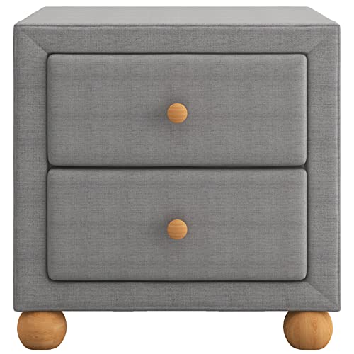 Modern Nightstand with 2 Drawers, Upholstered Night Stands with Storage Drawers, Wooden Bedside Tables with Natural Wood Knobs, Small End Side Table for Bedroom, Living Room, Home, Dark Grey