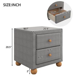 Modern Nightstand with 2 Drawers, Upholstered Night Stands with Storage Drawers, Wooden Bedside Tables with Natural Wood Knobs, Small End Side Table for Bedroom, Living Room, Home, Dark Grey