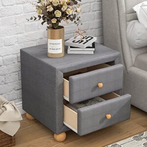 Modern Nightstand with 2 Drawers, Upholstered Night Stands with Storage Drawers, Wooden Bedside Tables with Natural Wood Knobs, Small End Side Table for Bedroom, Living Room, Home, Dark Grey