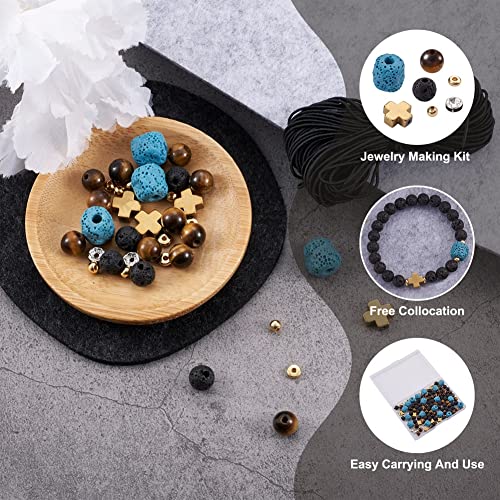 Ankom DIY Men Gemstone Bracelet with Cross Beads Casual Jewelry Making Kit Natural & Synthetic Stone Beads Elastic Thread Metal Spacer - (Color: Mixed Color)