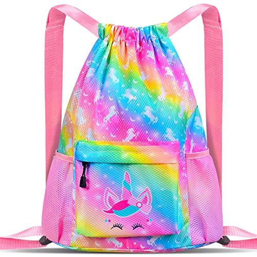 Drawstring Backpack Bag for Kids Girls, Waterproof Beach Bag with Zipper Pocket for Swimming Sports Gym Travel Birthday Christmas Gift (Rainbow Unicorn)