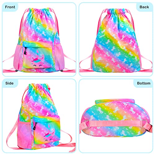 Drawstring Backpack Bag for Kids Girls, Waterproof Beach Bag with Zipper Pocket for Swimming Sports Gym Travel Birthday Christmas Gift (Rainbow Unicorn)