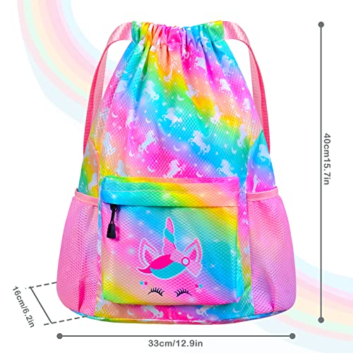 Drawstring Backpack Bag for Kids Girls, Waterproof Beach Bag with Zipper Pocket for Swimming Sports Gym Travel Birthday Christmas Gift (Rainbow Unicorn)