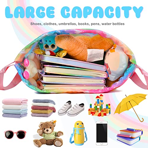 Drawstring Backpack Bag for Kids Girls, Waterproof Beach Bag with Zipper Pocket for Swimming Sports Gym Travel Birthday Christmas Gift (Rainbow Unicorn)