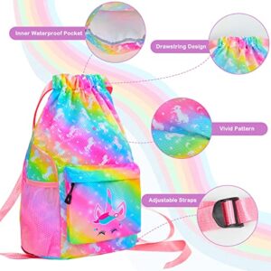 Drawstring Backpack Bag for Kids Girls, Waterproof Beach Bag with Zipper Pocket for Swimming Sports Gym Travel Birthday Christmas Gift (Rainbow Unicorn)