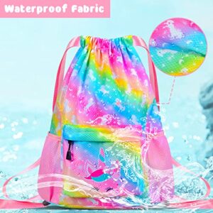 Drawstring Backpack Bag for Kids Girls, Waterproof Beach Bag with Zipper Pocket for Swimming Sports Gym Travel Birthday Christmas Gift (Rainbow Unicorn)