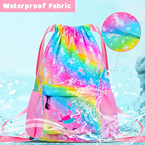 Drawstring Backpack Bag for Kids Girls, Waterproof Beach Bag with Zipper Pocket for Swimming Sports Gym Travel Birthday Christmas Gift (Rainbow Unicorn)