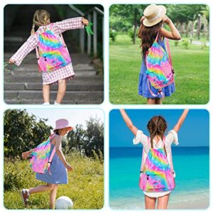 Drawstring Backpack Bag for Kids Girls, Waterproof Beach Bag with Zipper Pocket for Swimming Sports Gym Travel Birthday Christmas Gift (Rainbow Unicorn)