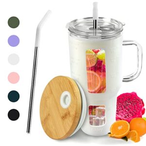 32 oz glass tumbler with bamboo mug 2 straws & 2 lids, reusable glass water bottles with handle, iced coffee cup with silicone sleeve, boba and drinking straw fits in car cup holder bpa free,white