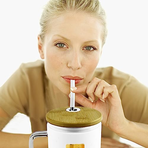 32 oz Glass Tumbler with Bamboo Mug 2 Straws & 2 Lids, Reusable Glass Water Bottles with Handle, Iced Coffee Cup with Silicone Sleeve, Boba and Drinking Straw Fits in Car Cup Holder BPA Free,White