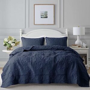 boho quilt california cal king size bedding sets with pillow shams, damask oversized lightweight soft bedspread coverlet, navy blue quilted blanket thin comforter bed cover, 3 pieces, 118x106 inches
