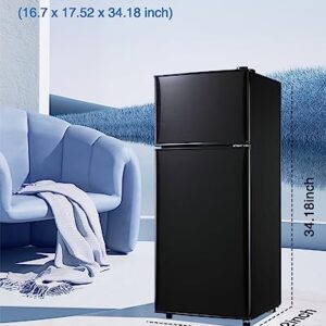 EUASOO 3.5 Cu.Ft Compact Refrigerator with Freezer, Lock Fresh Energy Saving Comp, Vintage Double Door, 7 Level Adjustable Thermostat for Kitchen, Dorm, Bar, Office, Apartment-Black