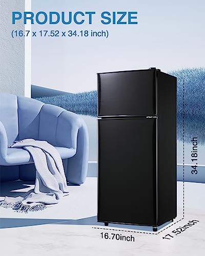 EUASOO 3.5 Cu.Ft Compact Refrigerator with Freezer, Lock Fresh Energy Saving Comp, Vintage Double Door, 7 Level Adjustable Thermostat for Kitchen, Dorm, Bar, Office, Apartment-Black