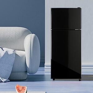 EUASOO 3.5 Cu.Ft Compact Refrigerator with Freezer, Lock Fresh Energy Saving Comp, Vintage Double Door, 7 Level Adjustable Thermostat for Kitchen, Dorm, Bar, Office, Apartment-Black