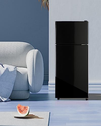 EUASOO 3.5 Cu.Ft Compact Refrigerator with Freezer, Lock Fresh Energy Saving Comp, Vintage Double Door, 7 Level Adjustable Thermostat for Kitchen, Dorm, Bar, Office, Apartment-Black