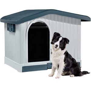 yitahome 34.6'' large plastic dog house with liftable roof, indoor outdoor doghouse puppy shelter with detachable base and adjustable bar window water resistant easy assembly (34.6''l*29.1''w*24.2''h)