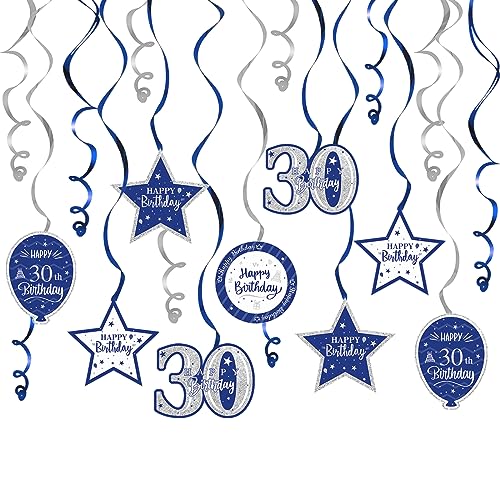 Nelbiirth Happy 30th Birthday Blue & Silver Glitter Swirls Streamers Party Decorations - 15 Pcs 30th Birthday Hanging Swirls Streamers Kit,Cheers to Thirty Years Old Bday Party Sign.