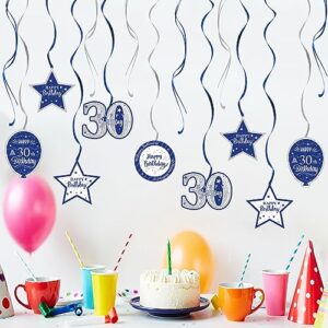 Nelbiirth Happy 30th Birthday Blue & Silver Glitter Swirls Streamers Party Decorations - 15 Pcs 30th Birthday Hanging Swirls Streamers Kit,Cheers to Thirty Years Old Bday Party Sign.