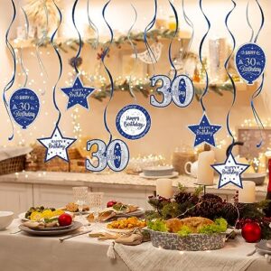 Nelbiirth Happy 30th Birthday Blue & Silver Glitter Swirls Streamers Party Decorations - 15 Pcs 30th Birthday Hanging Swirls Streamers Kit,Cheers to Thirty Years Old Bday Party Sign.