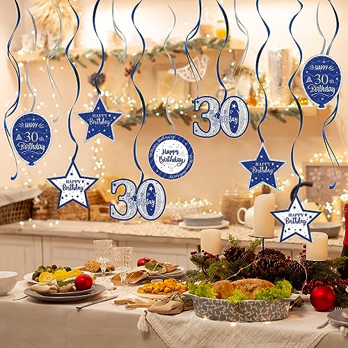 Nelbiirth Happy 30th Birthday Blue & Silver Glitter Swirls Streamers Party Decorations - 15 Pcs 30th Birthday Hanging Swirls Streamers Kit,Cheers to Thirty Years Old Bday Party Sign.