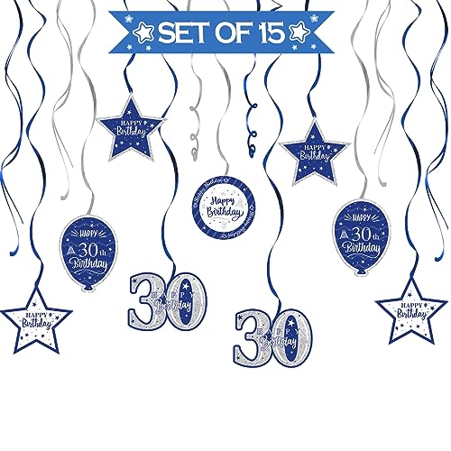 Nelbiirth Happy 30th Birthday Blue & Silver Glitter Swirls Streamers Party Decorations - 15 Pcs 30th Birthday Hanging Swirls Streamers Kit,Cheers to Thirty Years Old Bday Party Sign.