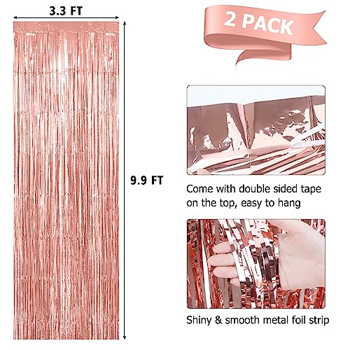 Fringe Backdrop Tinsel Curtain Backdrop 2 Pack 3.3 x 9.9 ft Foil Fringe Curtains Rose Gold Backdrop Streamers Tinsel Backdrop Curtain Photo Backdrop Curtain for Rose Gold Birthday Party Decorations