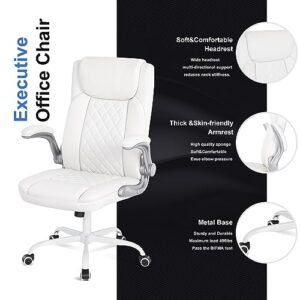 Misolant Office Chair, Executive Desk Chair, Comfortable Executive Chair, Executive Office Chair with Flip Up Armrest, Big and Tall Office Chair with Adjust Height, Leather Office Chair Ivory White