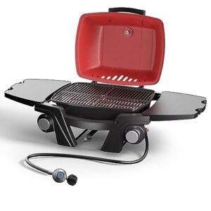 portable gas grill, portable propane grill, propane gas grill, 24,000 btu outdoor tabletop small bbq grill with two burners, removable side tables, gas hose and regulator, built in thermometer, red