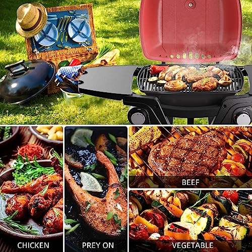 Portable Gas Grill, Portable Propane Grill, Propane Gas Grill, 24,000 BTU Outdoor Tabletop Small BBQ Grill with Two Burners, Removable Side Tables, Gas Hose and Regulator, Built in Thermometer, Red