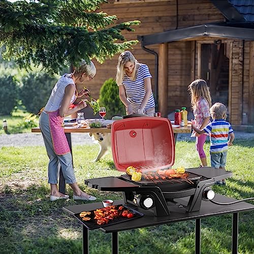 Portable Gas Grill, Portable Propane Grill, Propane Gas Grill, 24,000 BTU Outdoor Tabletop Small BBQ Grill with Two Burners, Removable Side Tables, Gas Hose and Regulator, Built in Thermometer, Red