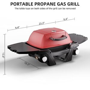 Portable Gas Grill, Portable Propane Grill, Propane Gas Grill, 24,000 BTU Outdoor Tabletop Small BBQ Grill with Two Burners, Removable Side Tables, Gas Hose and Regulator, Built in Thermometer, Red