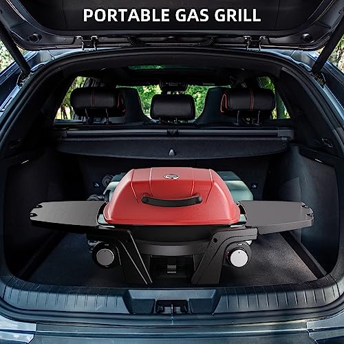 Portable Gas Grill, Portable Propane Grill, Propane Gas Grill, 24,000 BTU Outdoor Tabletop Small BBQ Grill with Two Burners, Removable Side Tables, Gas Hose and Regulator, Built in Thermometer, Red