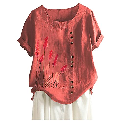 SMIDOW Boho Tops for Women Plus Size Summer 2023 Linen Shirts Short Sleeve Crewneck Printed t-Shirt Blouse Trendy Plus Size Womens Clothes Orange 3X