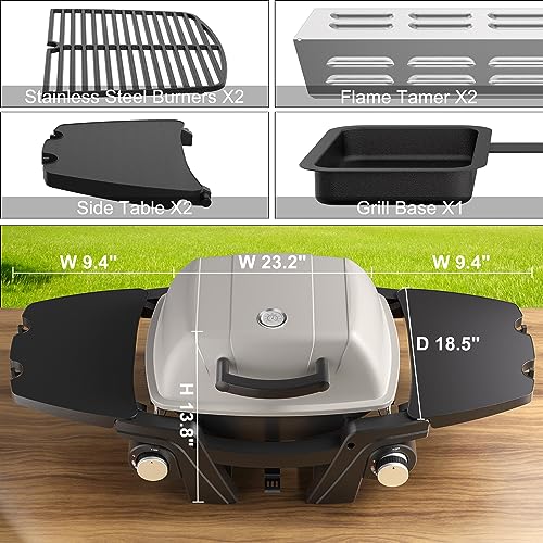 Portable Propane Gas Grill, 2-Burner Portable Gas Grill Small Tabletop Gas Grill, 24000BTU BBQ Outdoor Griddle Gas Grill with Removable Side Tables, Thermometer, Regulator, Gas Hose, White