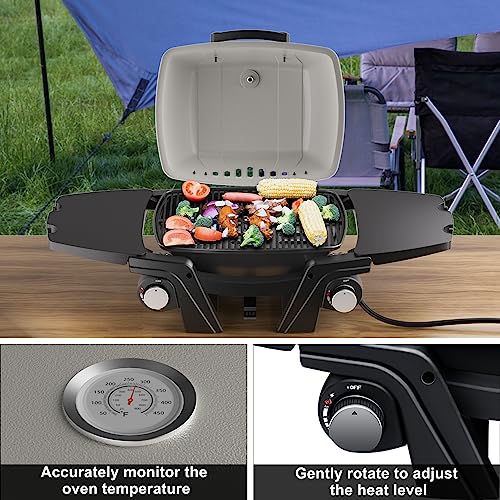 Portable Propane Gas Grill, 2-Burner Portable Gas Grill Small Tabletop Gas Grill, 24000BTU BBQ Outdoor Griddle Gas Grill with Removable Side Tables, Thermometer, Regulator, Gas Hose, White