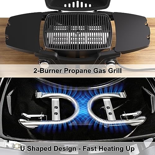 Portable Propane Gas Grill, 2-Burner Portable Gas Grill Small Tabletop Gas Grill, 24000BTU BBQ Outdoor Griddle Gas Grill with Removable Side Tables, Thermometer, Regulator, Gas Hose, White