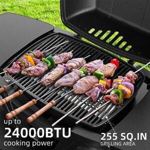 Portable Propane Gas Grill, 2-Burner Portable Gas Grill Small Tabletop Gas Grill, 24000BTU BBQ Outdoor Griddle Gas Grill with Removable Side Tables, Thermometer, Regulator, Gas Hose, White