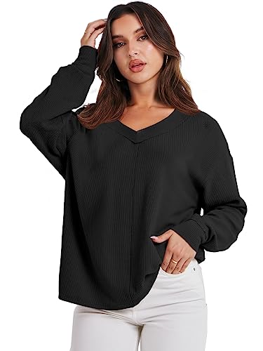 ANRABESS Women’s Casual Long Sleeve Sweatshirt V Neck Off Shoulder Shirt Loose Baggy Comfy Knit Pullover Sweaters Tunic Top 2023 Fall Clothes A1069heise-XL Black