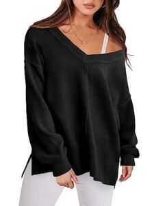 anrabess women’s casual long sleeve sweatshirt v neck off shoulder shirt loose baggy comfy knit pullover sweaters tunic top 2023 fall clothes a1069heise-xl black