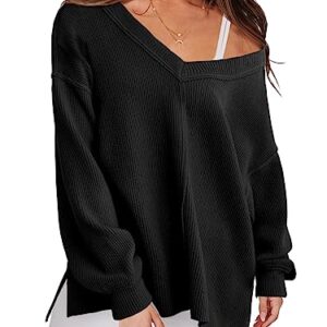 ANRABESS Women’s Casual Long Sleeve Sweatshirt V Neck Off Shoulder Shirt Loose Baggy Comfy Knit Pullover Sweaters Tunic Top 2023 Fall Clothes A1069heise-XL Black