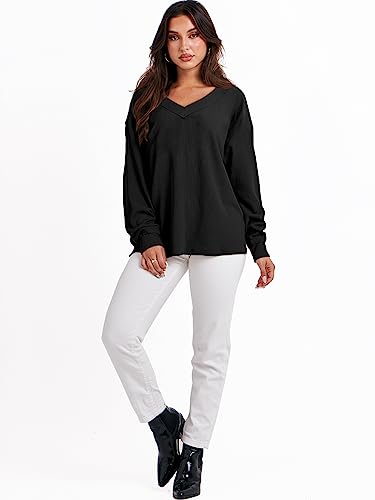 ANRABESS Women’s Casual Long Sleeve Sweatshirt V Neck Off Shoulder Shirt Loose Baggy Comfy Knit Pullover Sweaters Tunic Top 2023 Fall Clothes A1069heise-XL Black