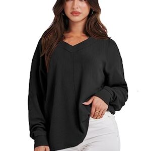 ANRABESS Women’s Casual Long Sleeve Sweatshirt V Neck Off Shoulder Shirt Loose Baggy Comfy Knit Pullover Sweaters Tunic Top 2023 Fall Clothes A1069heise-XL Black