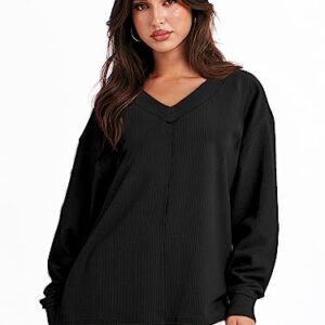 ANRABESS Women’s Casual Long Sleeve Sweatshirt V Neck Off Shoulder Shirt Loose Baggy Comfy Knit Pullover Sweaters Tunic Top 2023 Fall Clothes A1069heise-XL Black