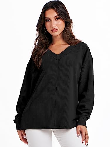 ANRABESS Women’s Casual Long Sleeve Sweatshirt V Neck Off Shoulder Shirt Loose Baggy Comfy Knit Pullover Sweaters Tunic Top 2023 Fall Clothes A1069heise-XL Black